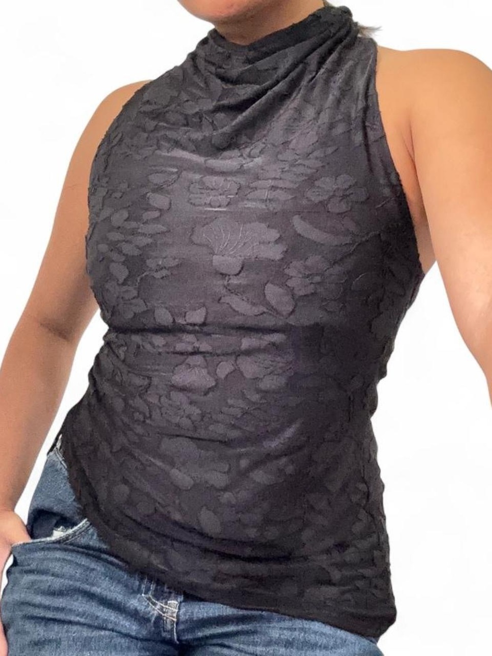 H&M Black Floral Lace High-Neck Sleeveless Top